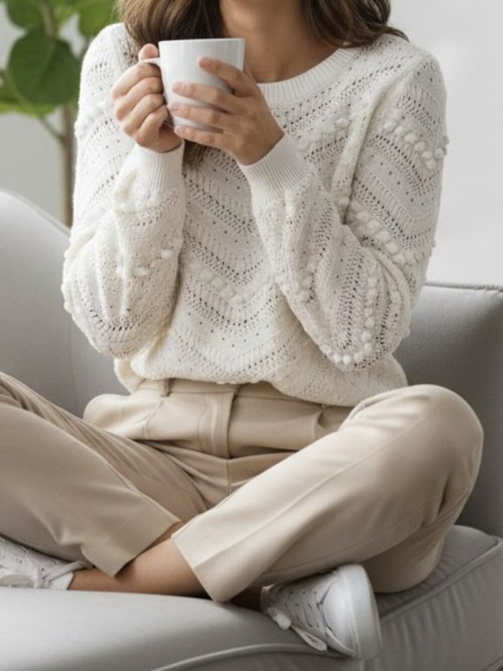 LOFT Petite White Pointelle Bobble Cotton Sweater MP